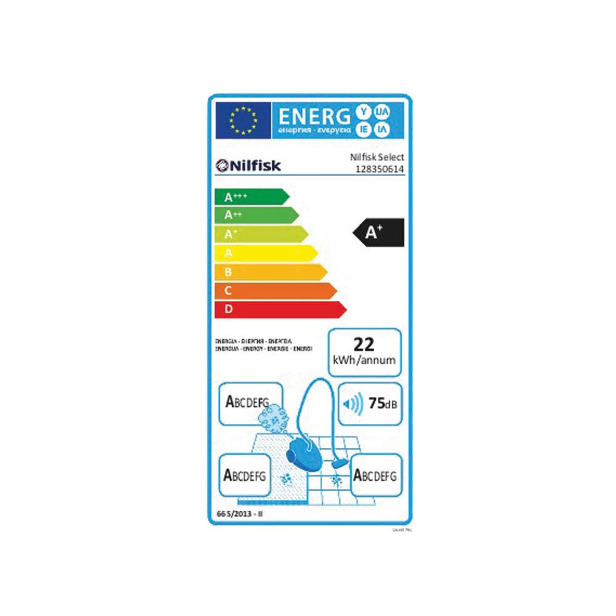 Etiqueta energética para una aspiradora. Varias clasificaciones codificadas por colores e información.