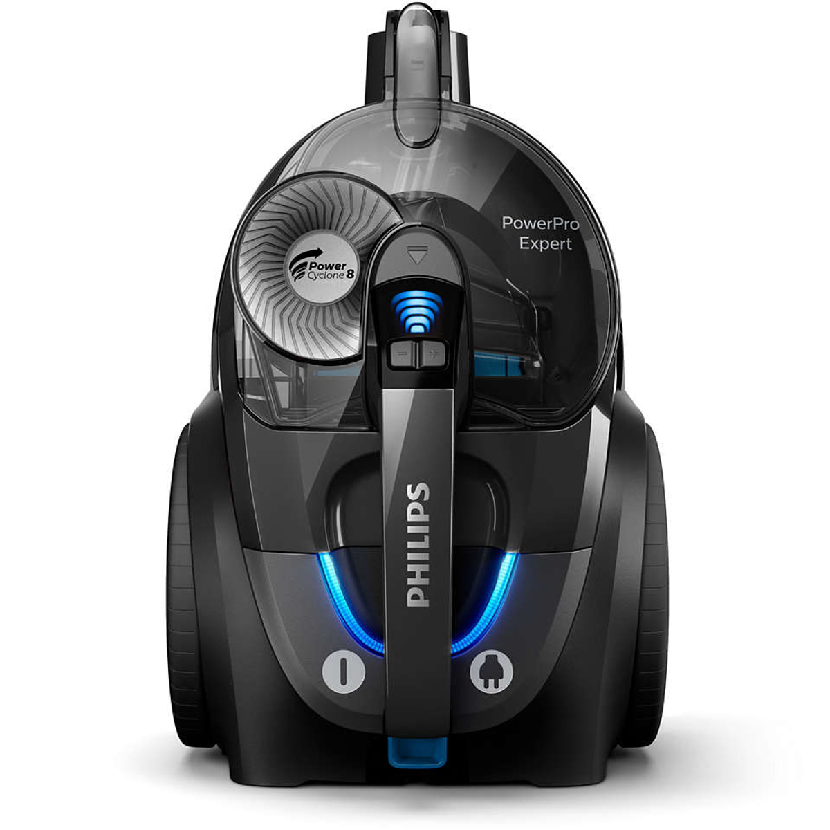 Aspiradora Philips negra con una sección superior transparente. Muestra los componentes internos y tiene luces azules.