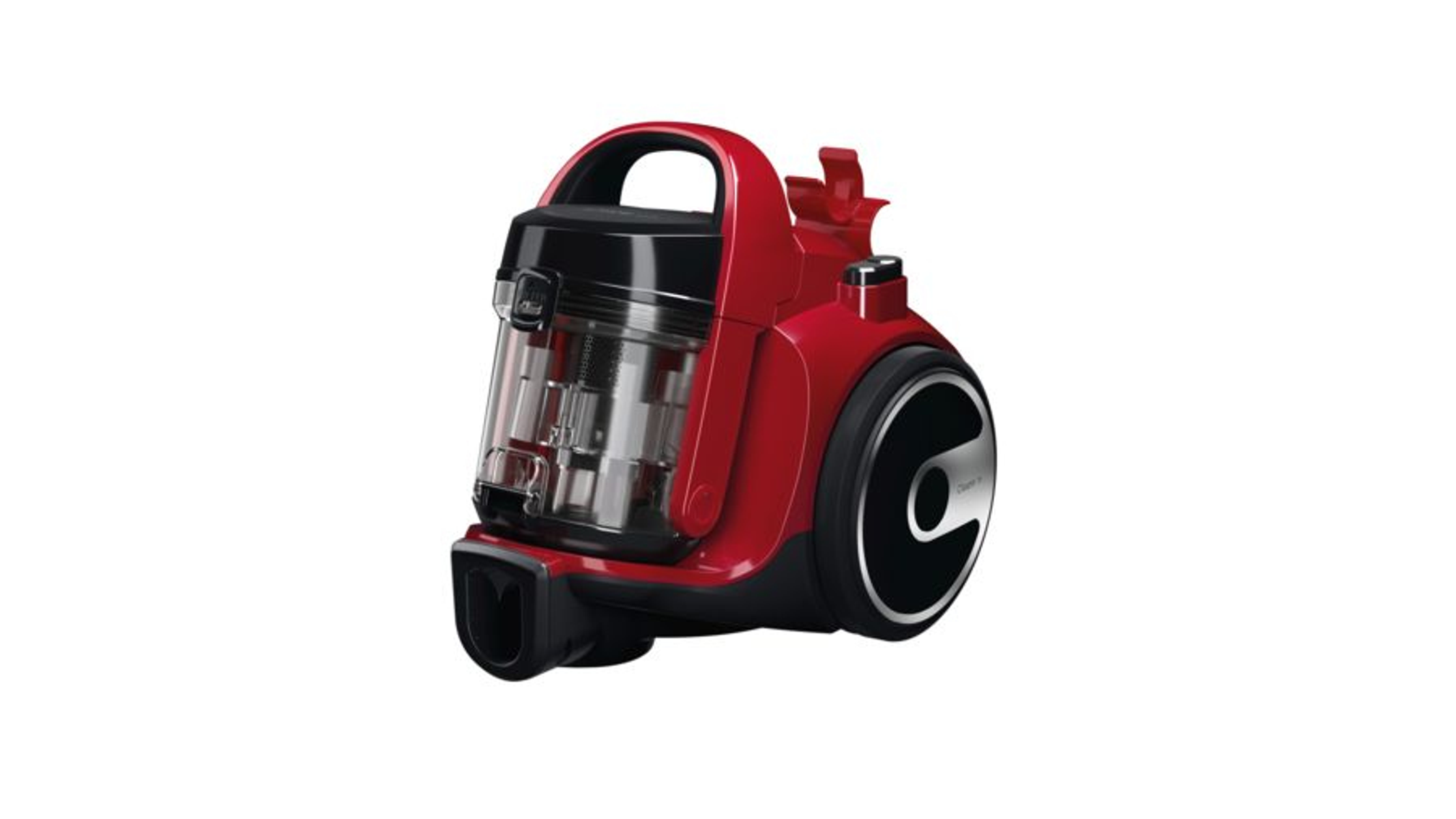 Czerwony odkurzacz, widok z boku, na białym tle.