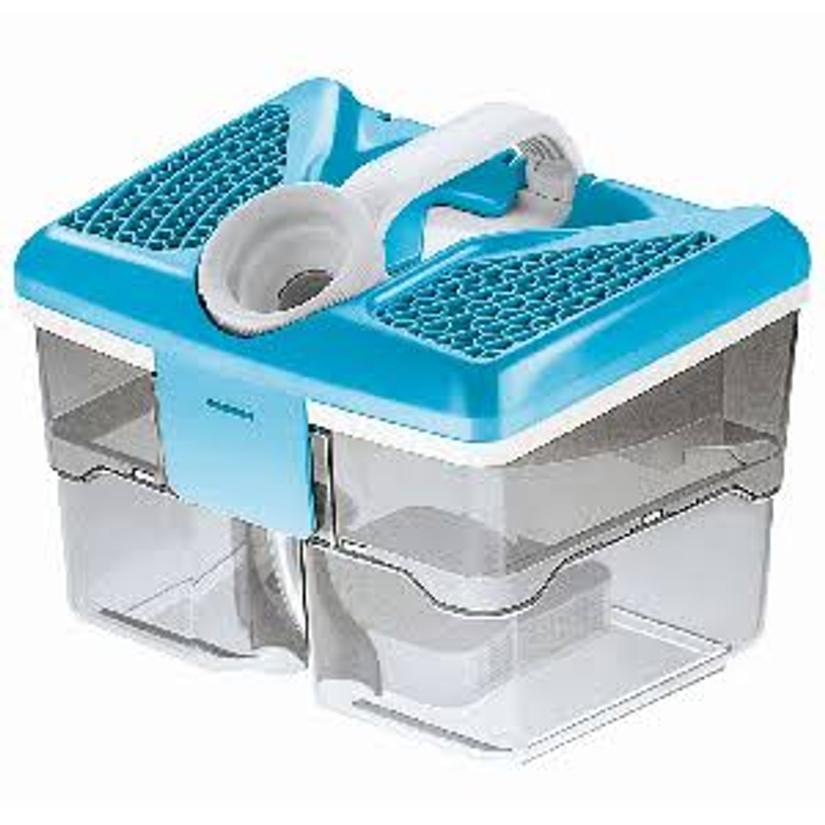 Niebiesko-białe pudełko do przechowywania z uchwytem. Przezroczyste plastikowe sekcje. Białe tło.