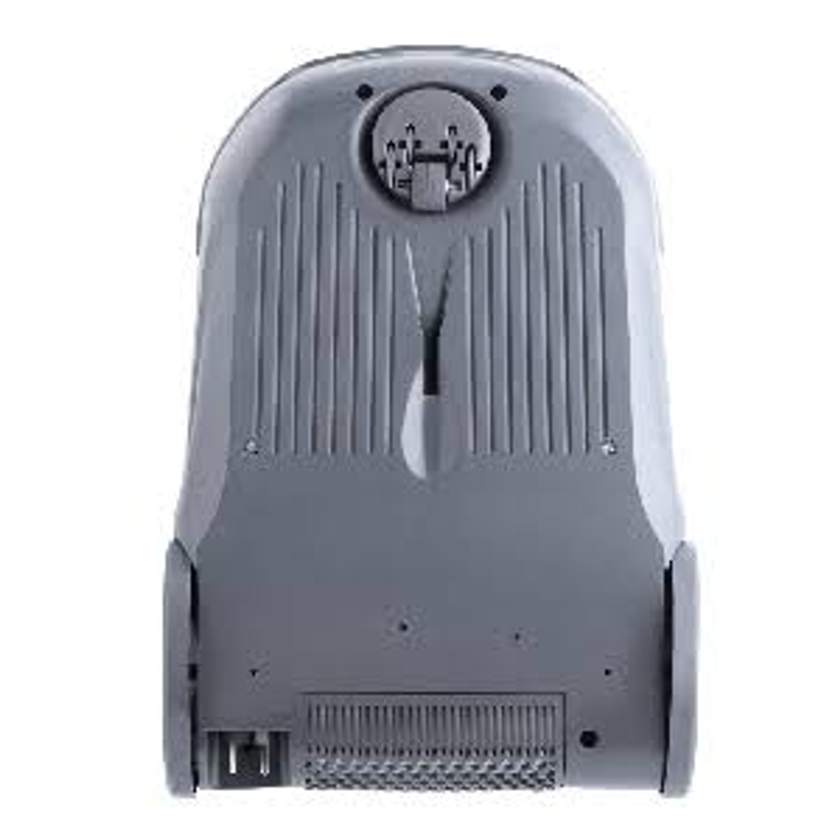 Tył szarego odkurzacza. Posiada uchwyt, otwory wentylacyjne i port mocowania.