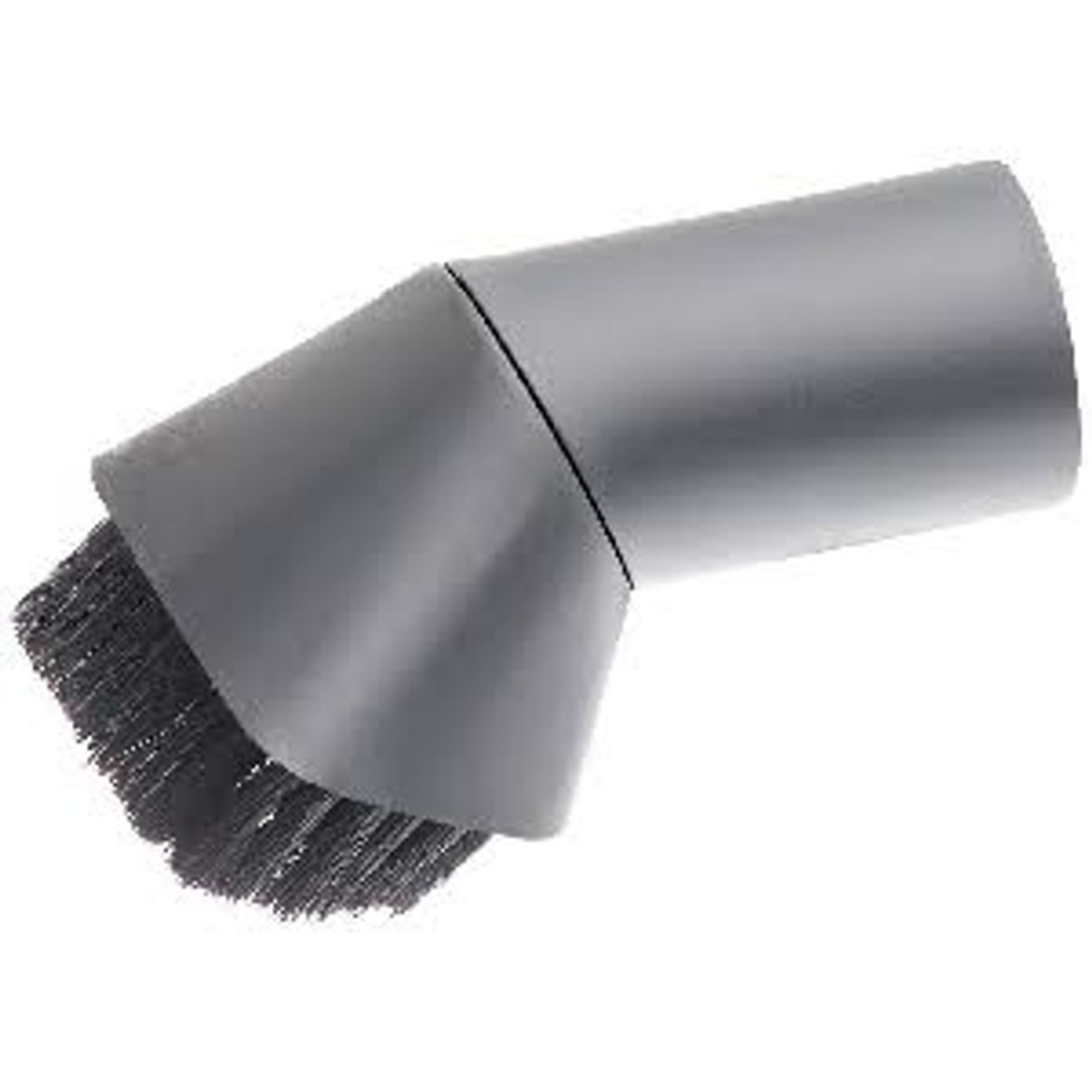 Szara nasadka szczotkowa do odkurzacza. Widoczne włosie. Widok z kąta. Białe tło.