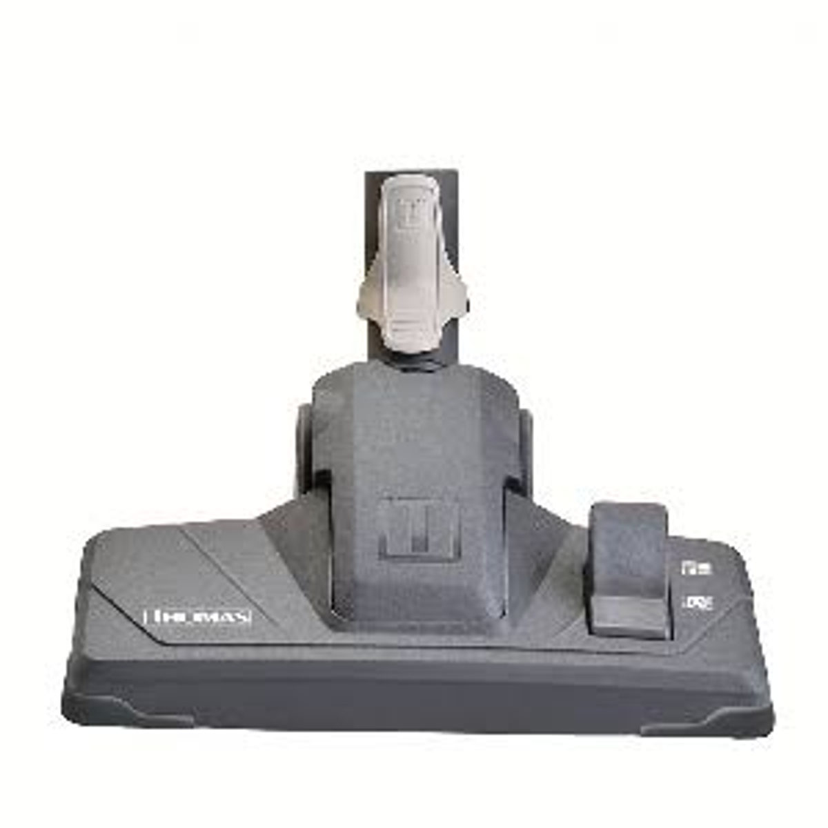 Szara głowica odkurzacza. Głowica ma uchwyt na górze.