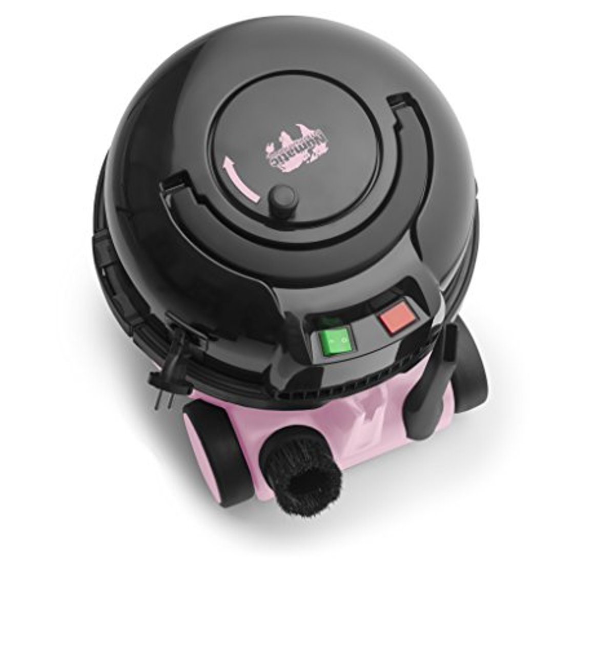 Czarny i różowy odkurzacz z okrągłą górą i dyszą szczotkową.