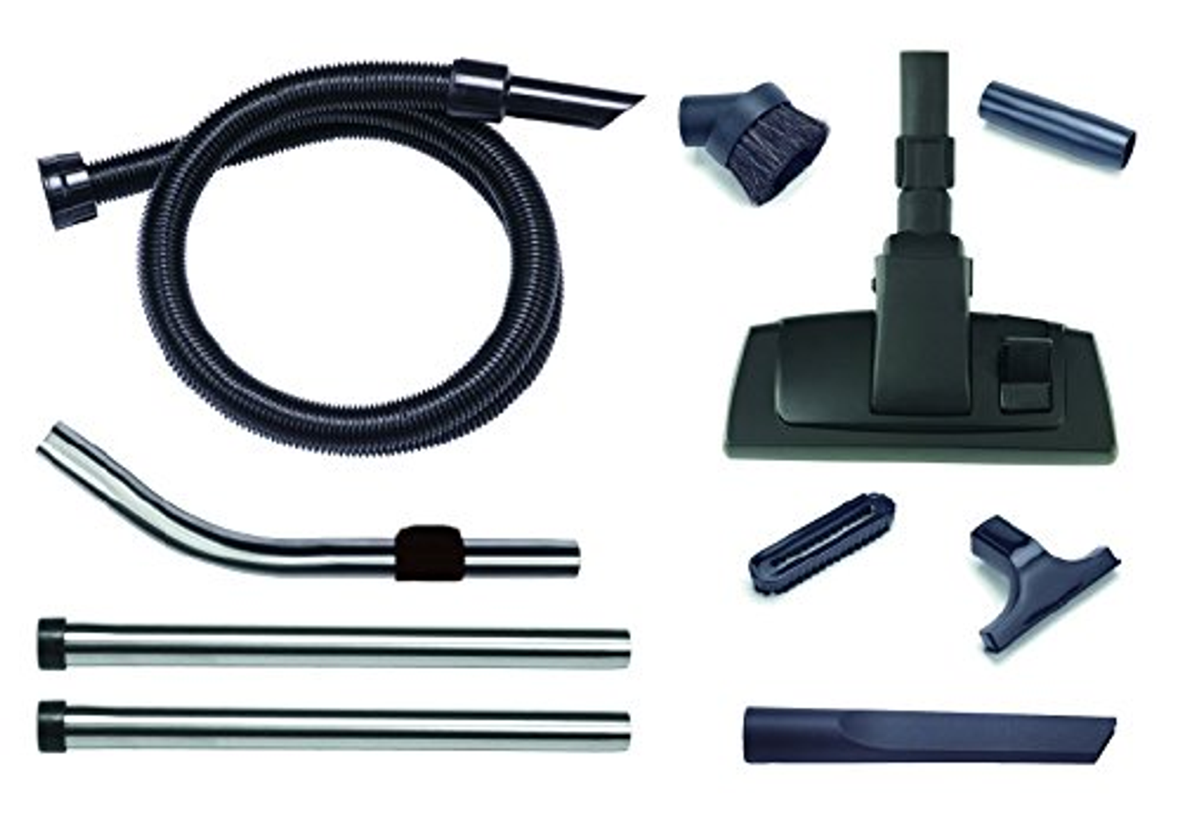 Różne akcesoria do odkurzaczy na białym tle. Zawiera szczotki i rury.