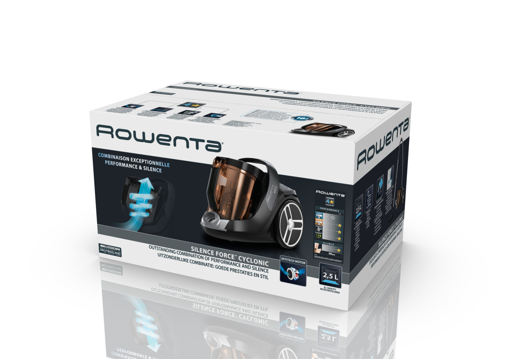 Pudełko odkurzacza Rowenta. Pudełko jest białe ze zdjęciami produktu i marką.