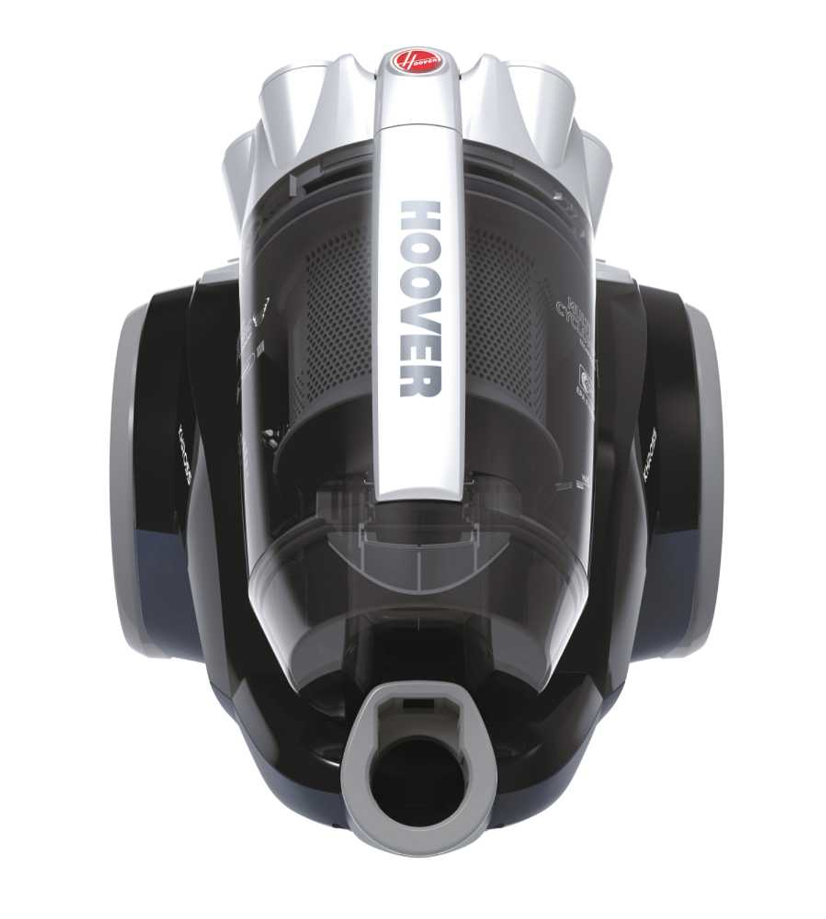 Czarny i srebrny odkurzacz, przezroczysty pojemnik pośrodku. U góry napis HOOVER.