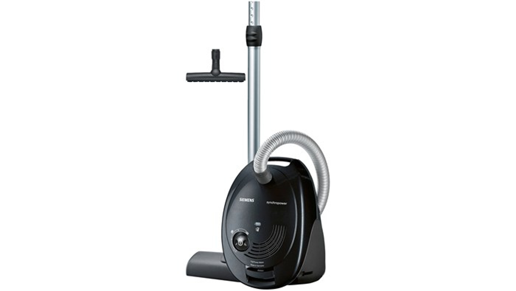 Aspirapolvere Siemens nero con tubo e accessori su sfondo bianco.