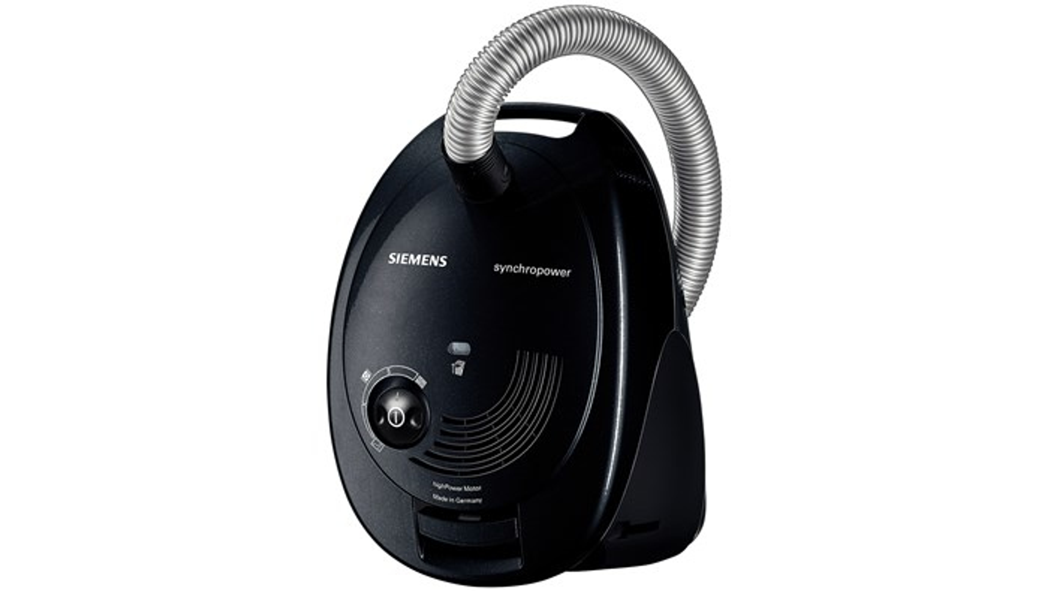 Aspirapolvere nero con tubo. Il logo Siemens è visibile.