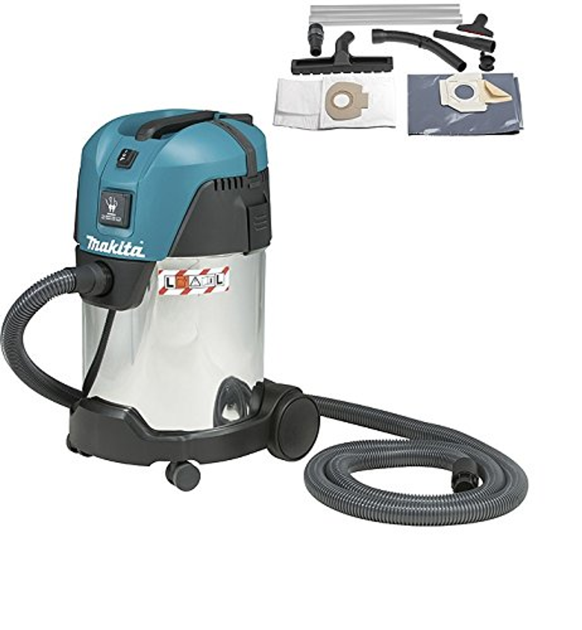 Makita stofzuiger met accessoires. De stofzuiger is blauwgroen en zilver.