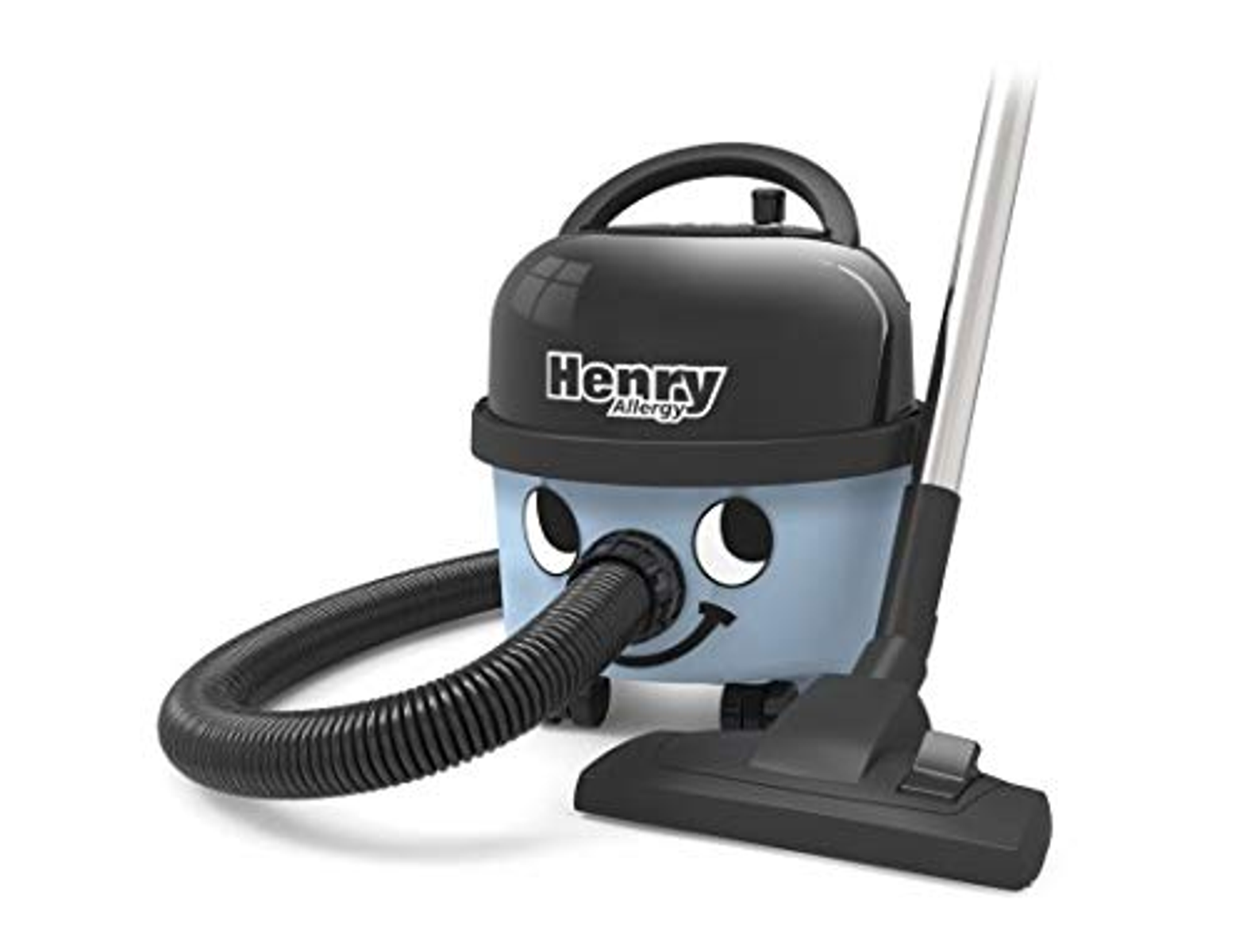 Niebiesko-czarny odkurzacz Henry Allergy. Ma uśmiechniętą twarz i jest na białym tle.