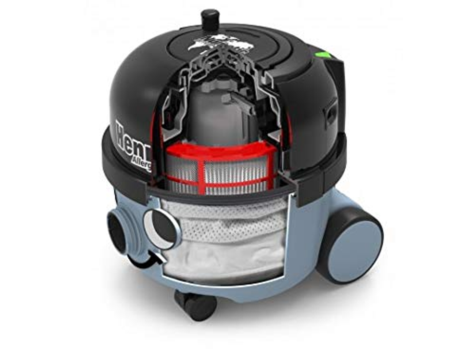 Widok przekrojowy czarnego odkurzacza, pokazujący filtr i elementy wewnętrzne.