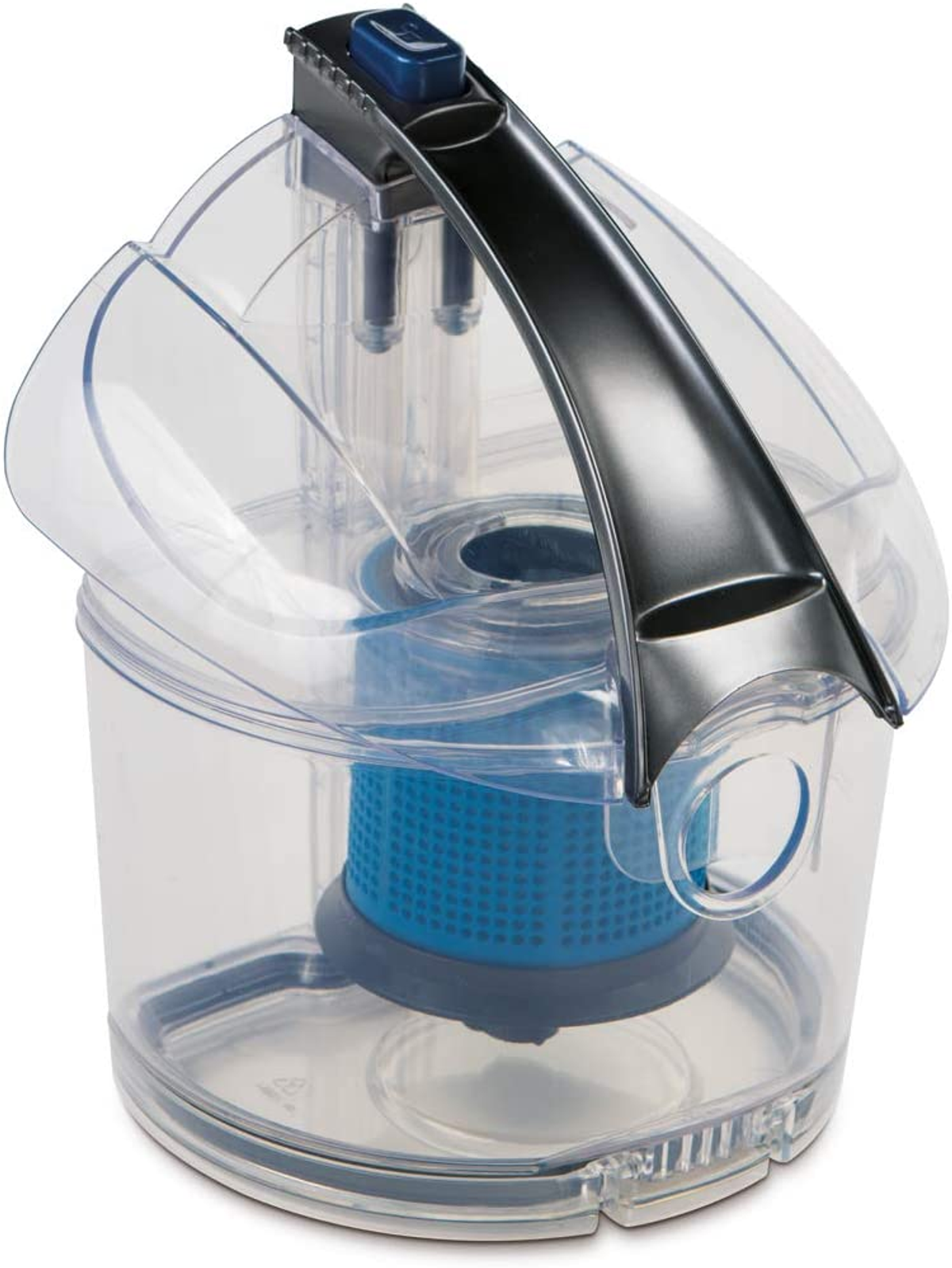Un cubo de polvo de aspiradora de plástico transparente con un filtro azul en el interior. El mango es negro.