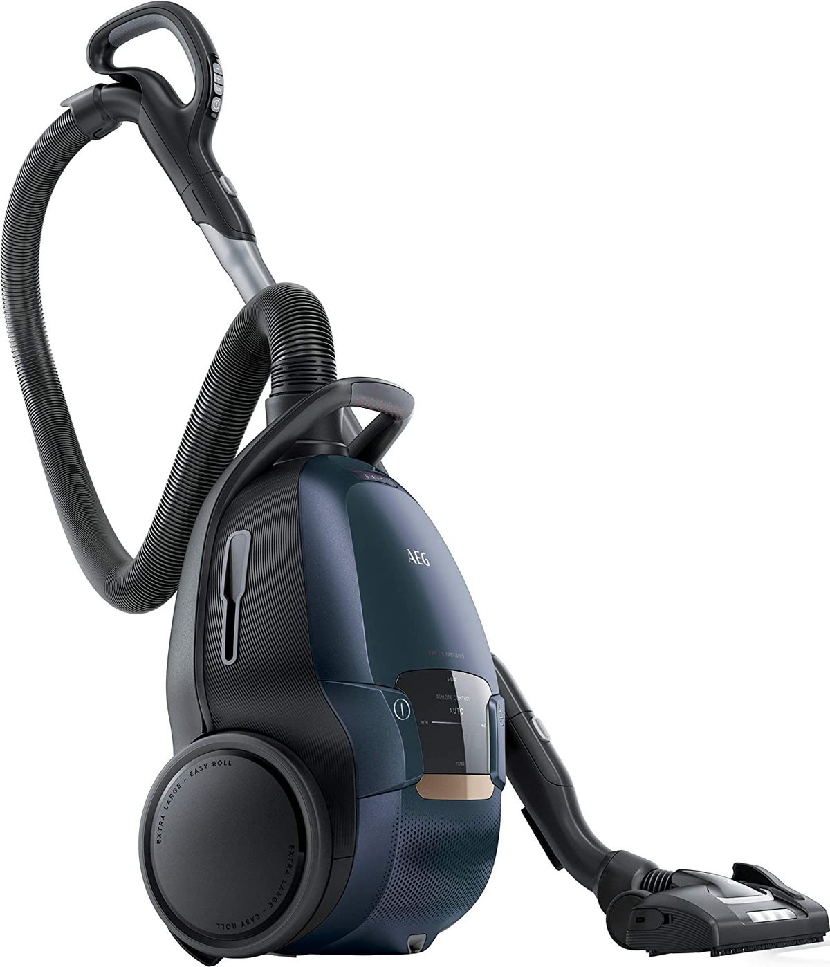 Ciemnoniebieski odkurzacz AEG z zakrzywionym wężem i nasadkami.