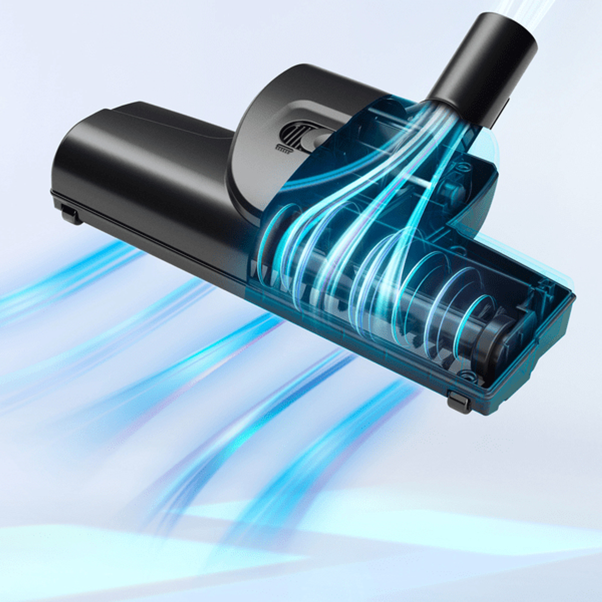 Głowica szczotki odkurzacza z niebieskimi liniami przepływu powietrza, pokazująca elementy wewnętrzne na białym tle.