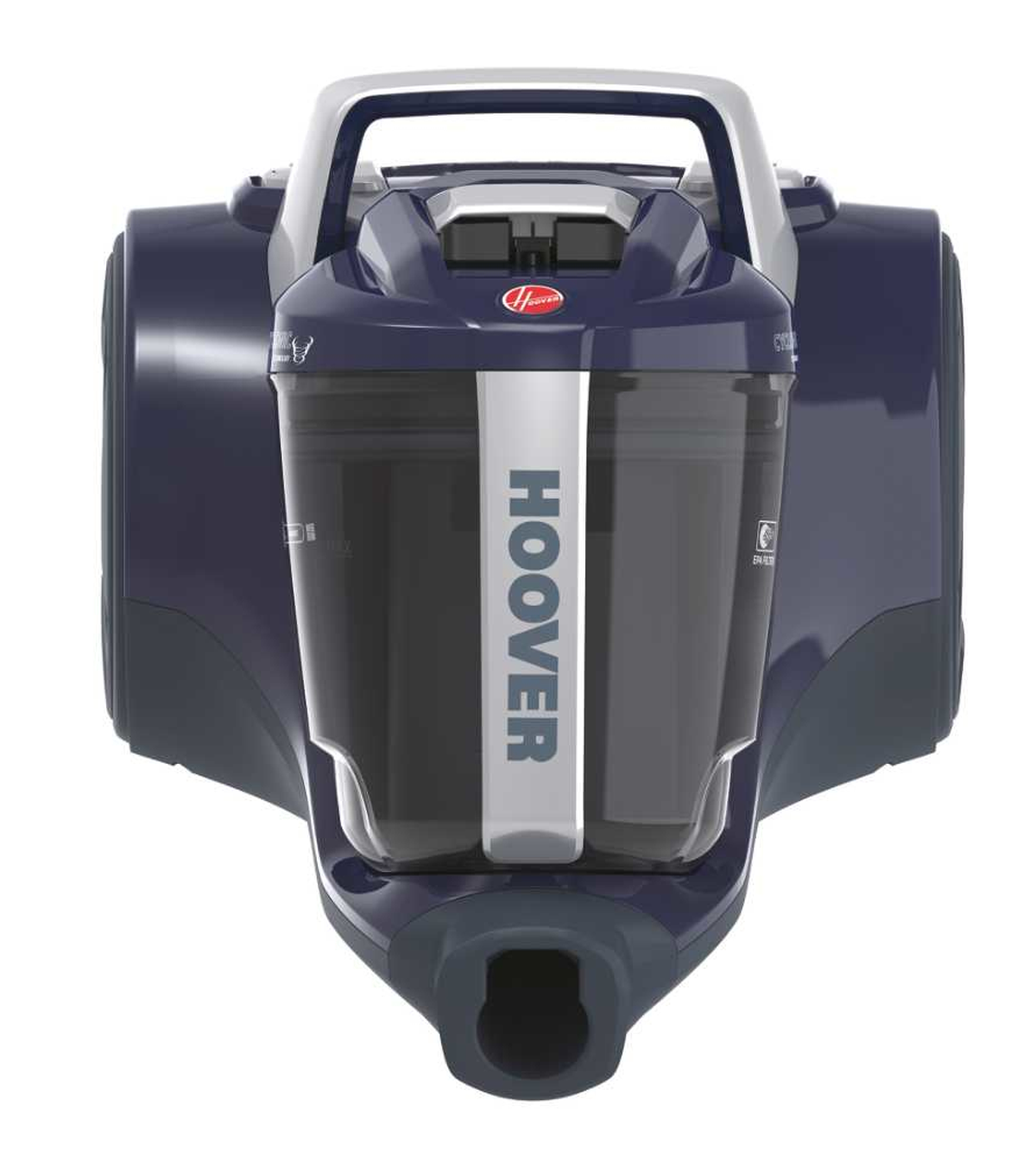 Niebiesko-biały odkurzacz Hoover ze słowem HOOVER z boku. Białe tło.