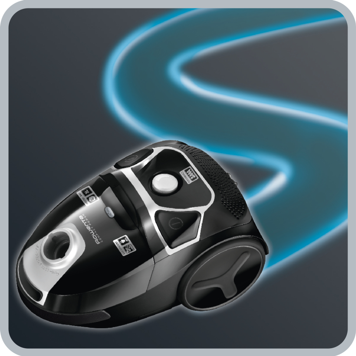 Czarny odkurzacz z zakrzywioną niebieską ścieżką w tle.