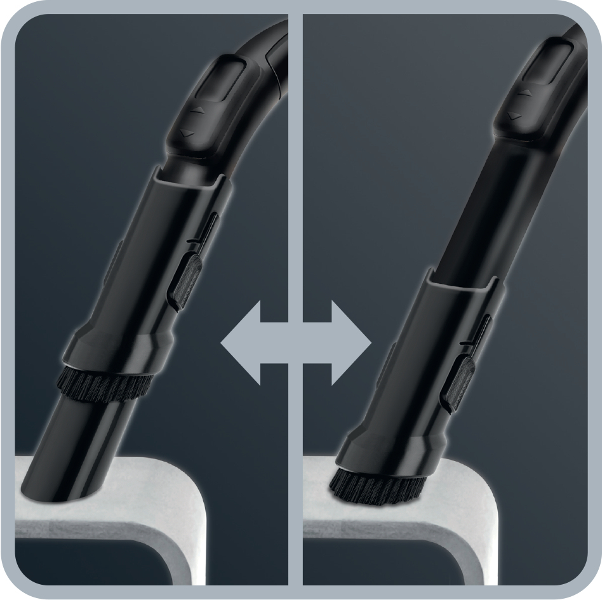 Dwie nasadki do odkurzacza. Jedna ma szczotkę, druga ssawkę szczelinową. Strzałki wskazują wymianę.