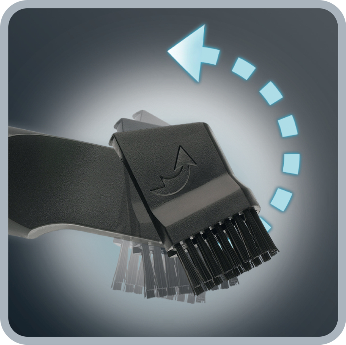 Czarna głowica szczotki do odkurzacza ze strzałką kierunkową i niebieskimi akcentami.