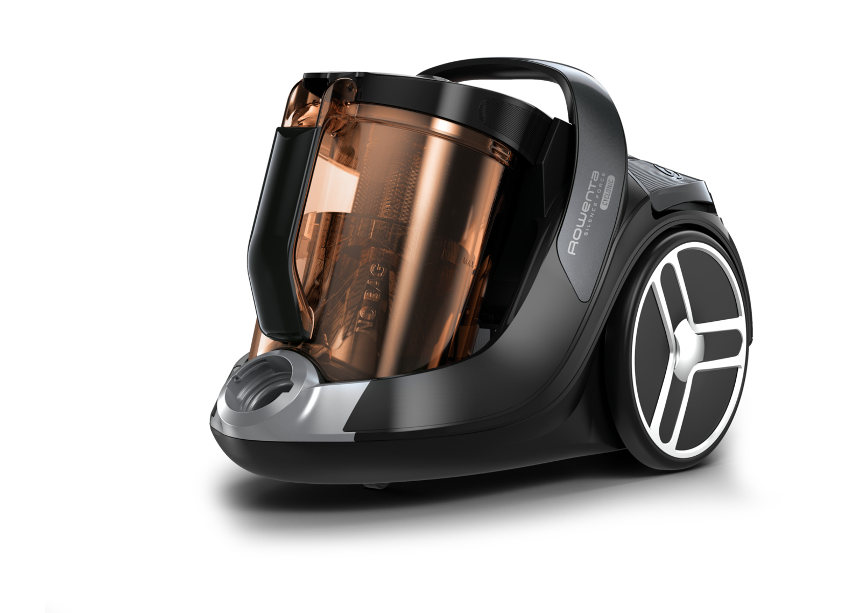 Czarno-szary odkurzacz z przezroczystym pojemnikiem i uchwytem.