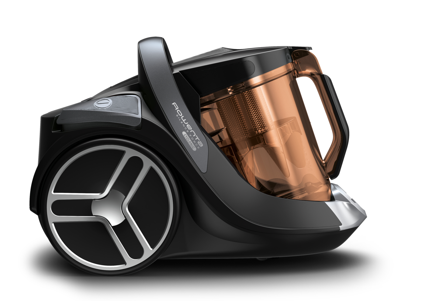 Czarny odkurzacz Rowenta z przezroczystym pojemnikiem na białym tle, widok z boku.