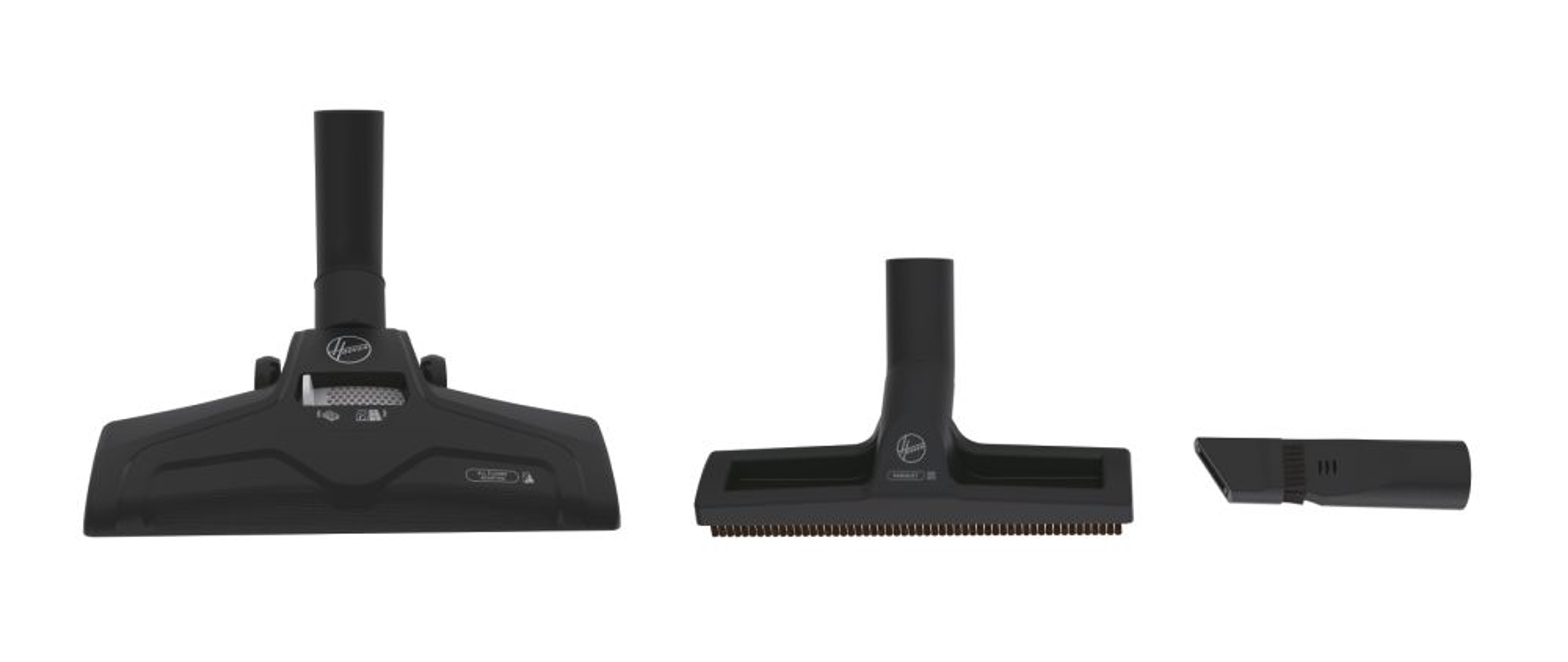 Akcesoria do odkurzacza. Od lewej: szczotka do podłóg, ssawka szczelinowa i szczotka do kurzu.