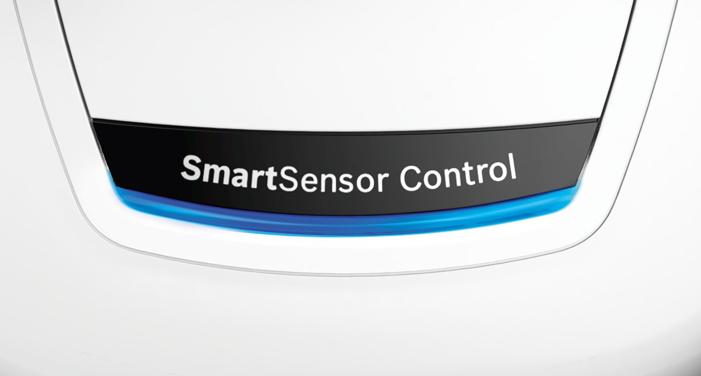 Aspiradora blanca con etiqueta SmartSensor Control. Luz azul.