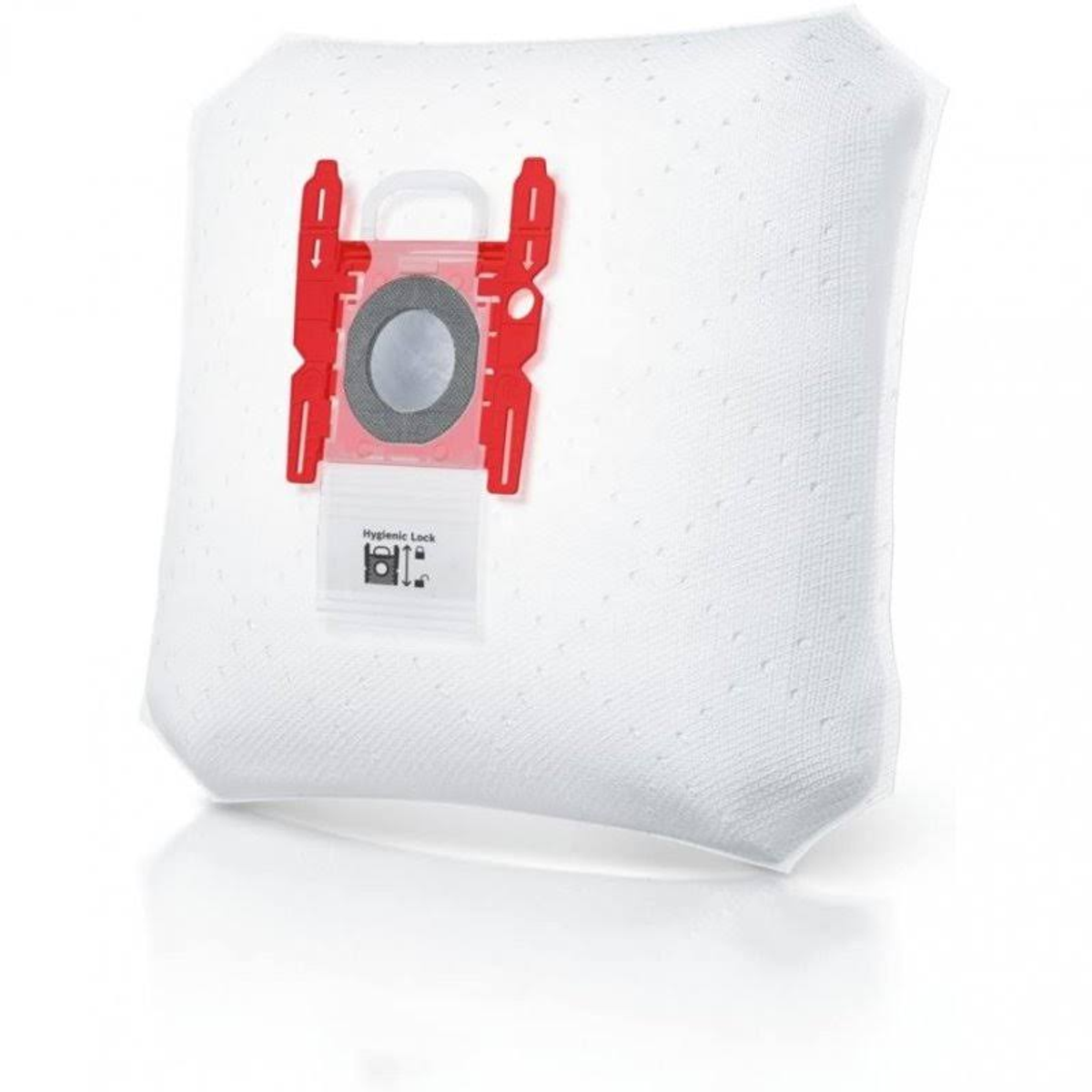Witte stofzuigerzak met rode en witte plastic onderdelen en een zwart filter.