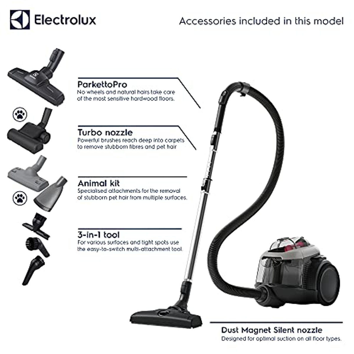 Aspiradora con accesorios. Incluye: ParkettoPro, boquilla turbo, kit para animales y herramienta 3 en 1.