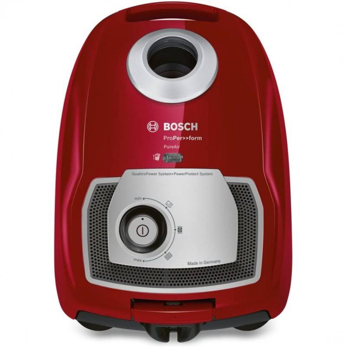 Rode Bosch stofzuiger met zilveren accenten. Voorzien van een draaiknop en knoppen.