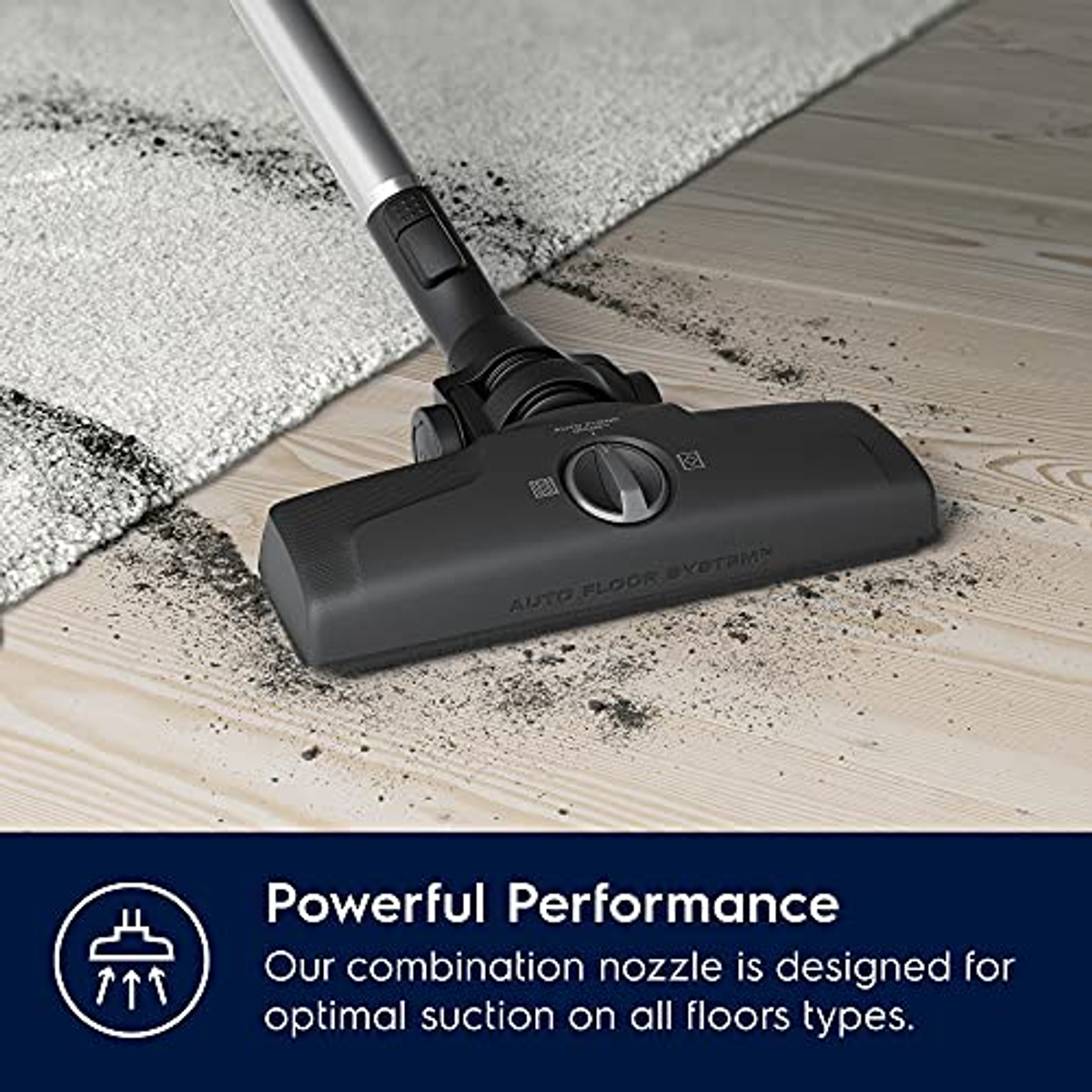 Cabezal de aspiradora en el suelo. Negro con texto que dice 'Powerful Performance'.