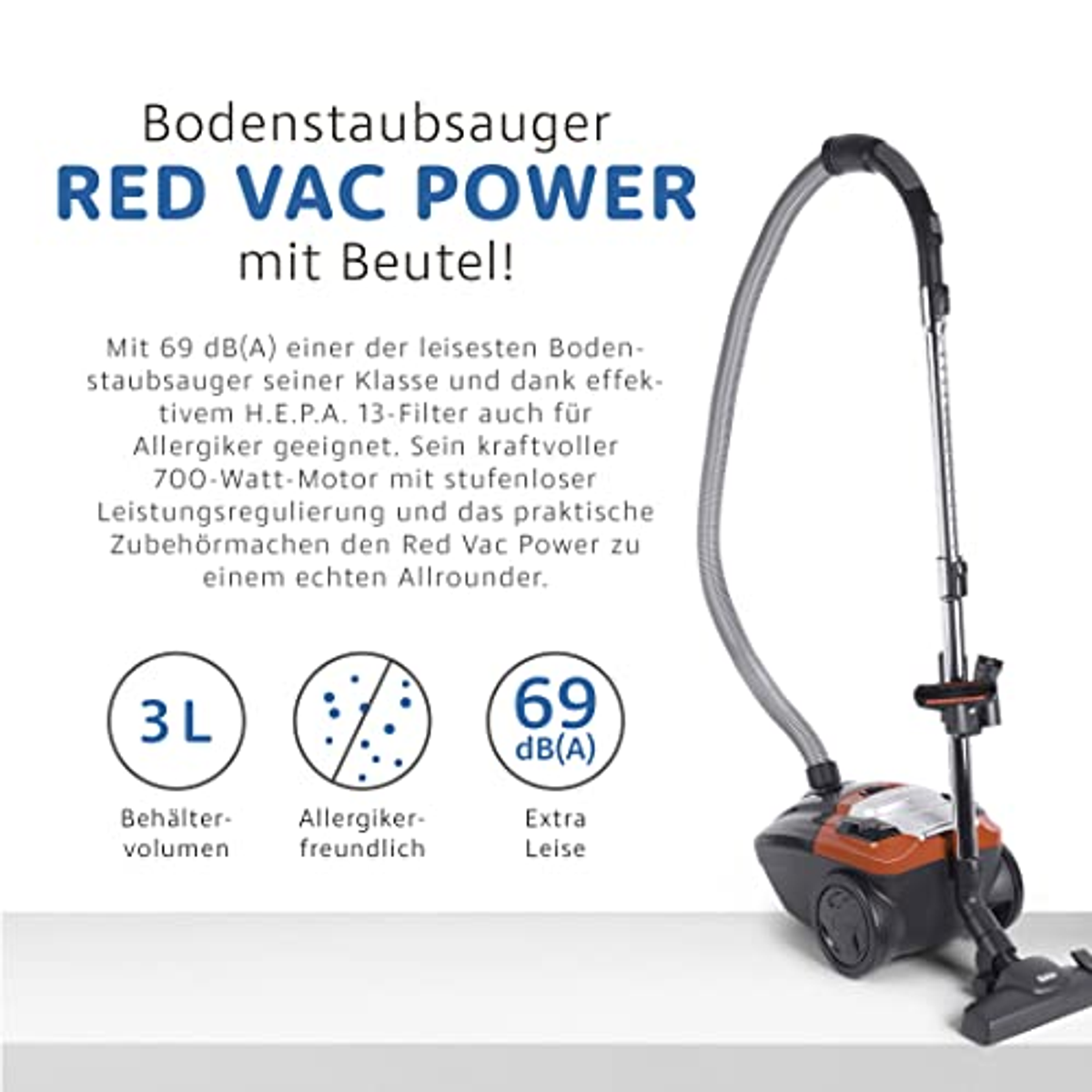 Staubsauger mit Text. 3L Volumen, allergikerfreundlich, 69 dB(A), rot und schwarz.
