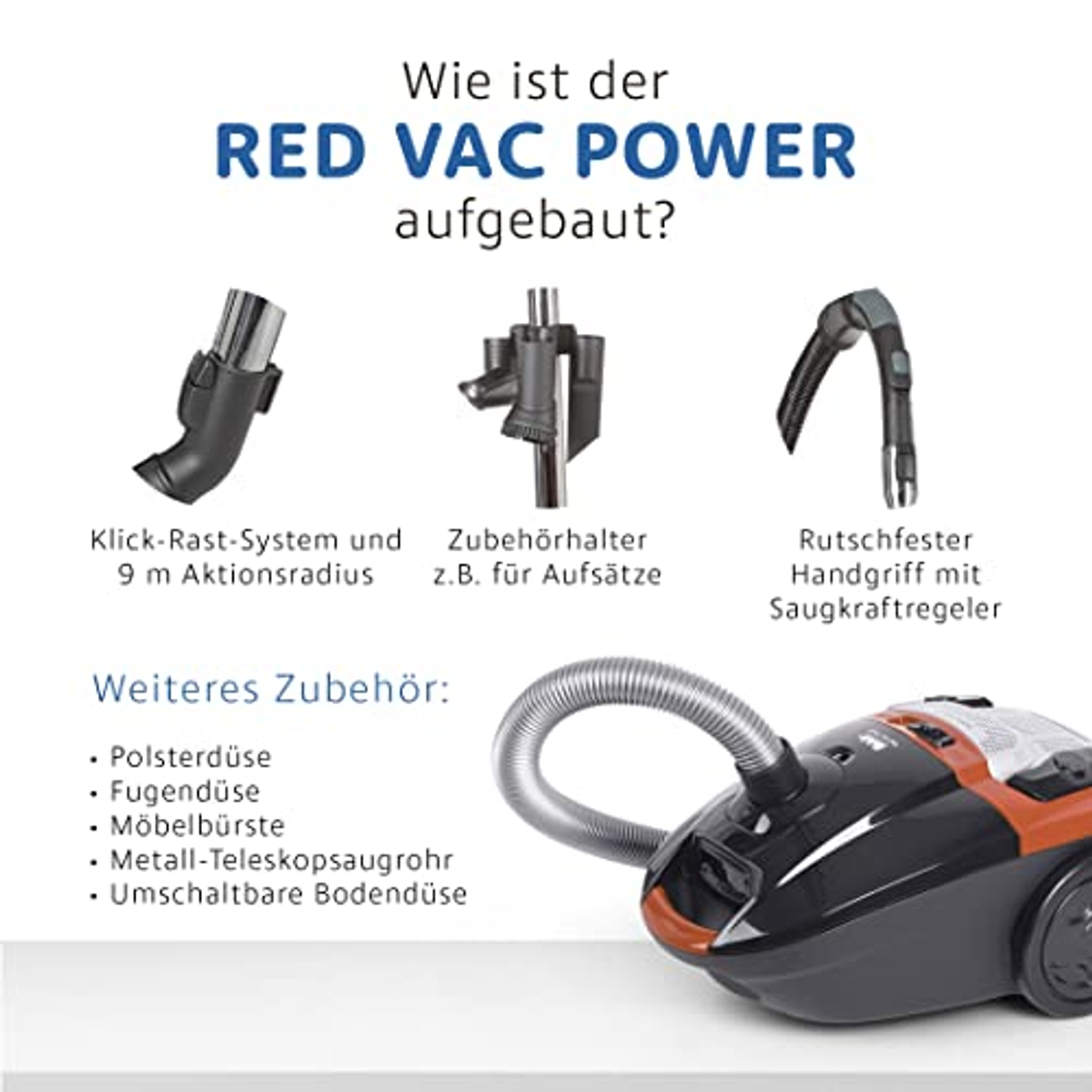 Diagramm von Staubsaugerteilen und Zubehör, enthält Text auf Deutsch.