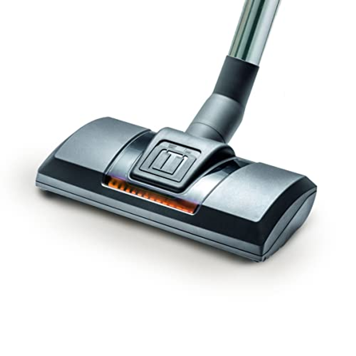 Głowica odkurzacza, szara i czarna, z paskiem świetlnym i uchwytem, na białym tle.