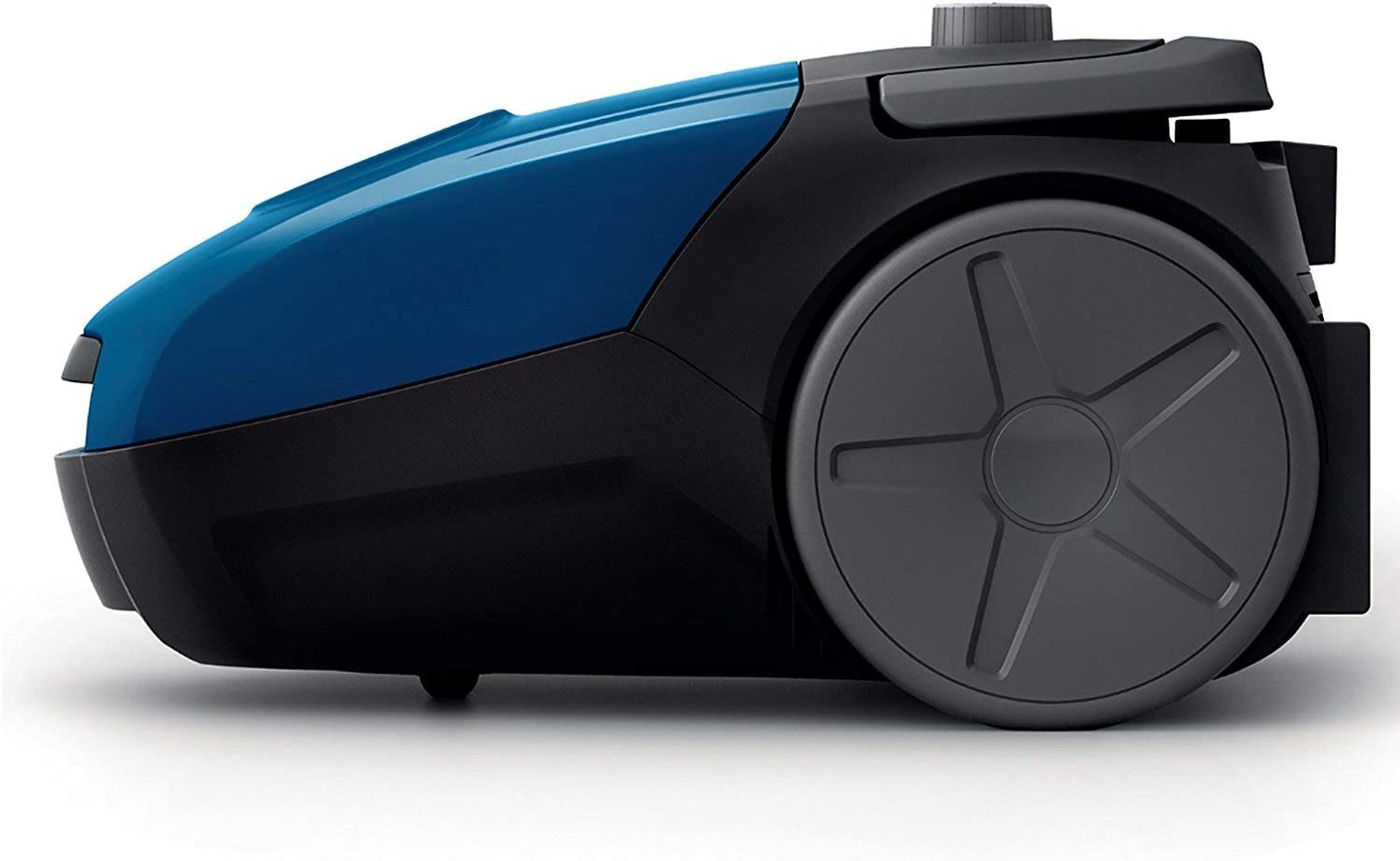 Niebiesko-czarny odkurzacz, widok z boku, z dużym kołem.