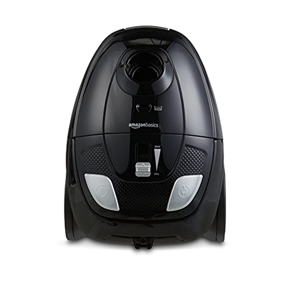Aspirapolvere AmazonBasics nero con pulsanti argentati, su sfondo bianco, che mostra la parte anteriore.