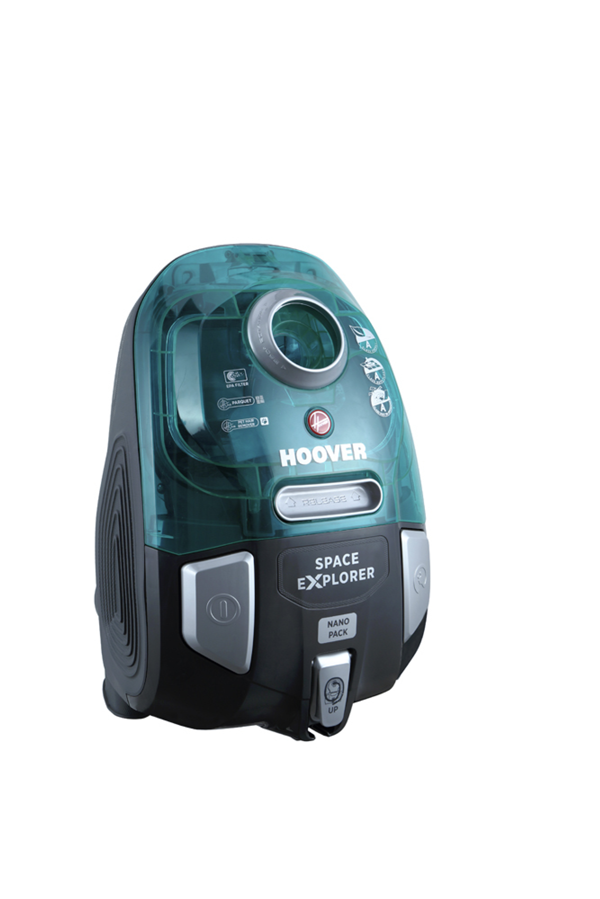 Una aspiradora Hoover Space Explorer verde azulado sobre fondo blanco, con parte superior verde.