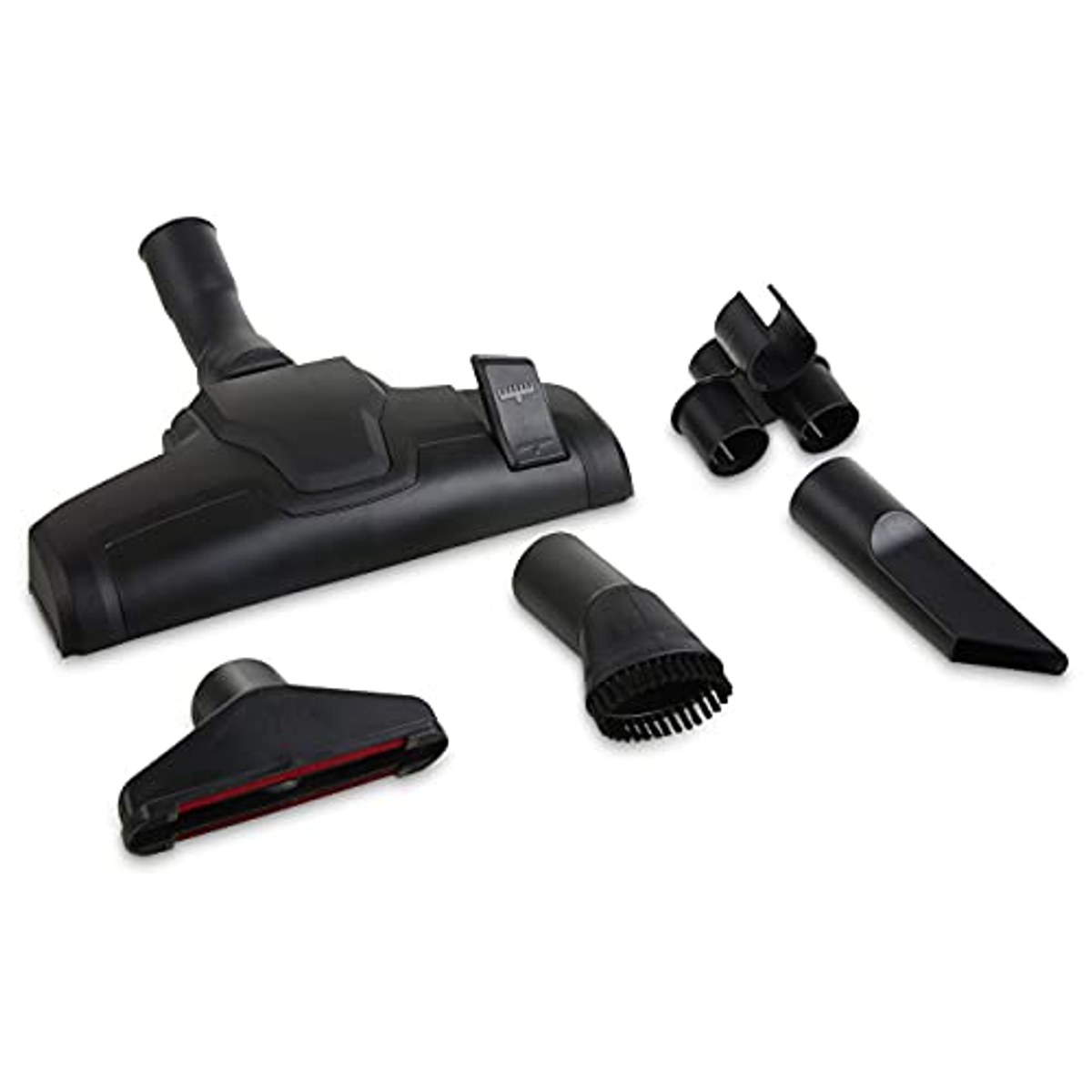 Accessori per aspirapolvere. Include una spazzola, un bocchettone a lancia e altre parti nere.