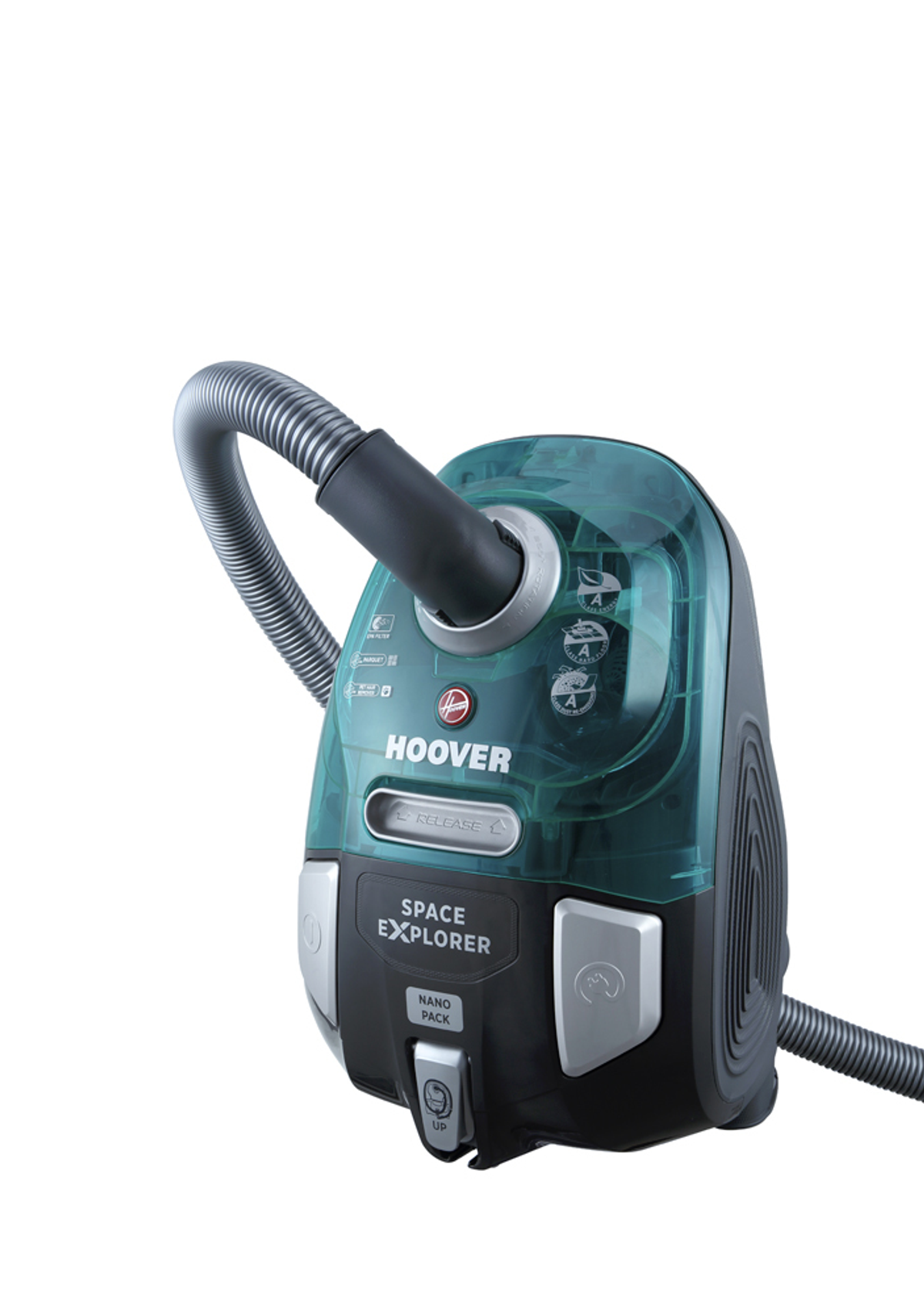 Een groene en zwarte Hoover stofzuiger. Een slang is bevestigd. De woorden 'Space Explorer' staan erop gedrukt.