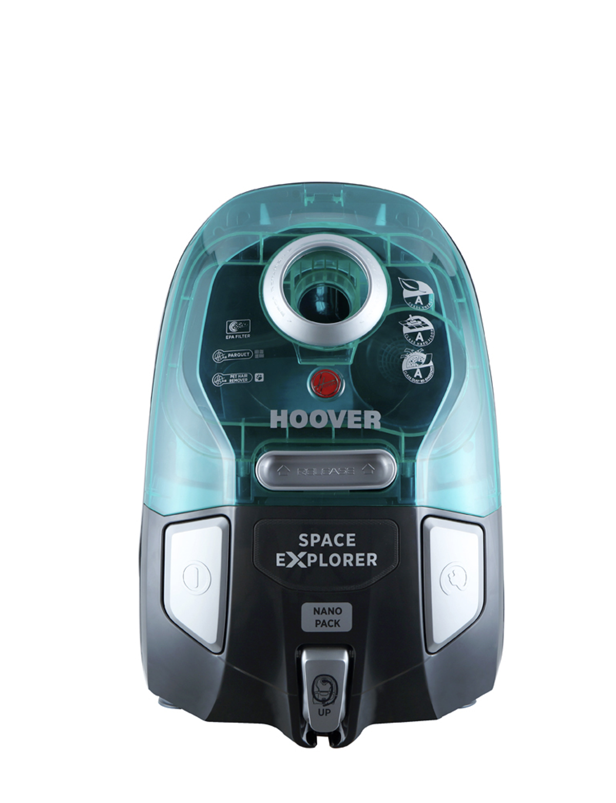Een turquoise en grijze stofzuiger met de merknaam "HOOVER" en de tekst "SPACE EXPLORER" erop.