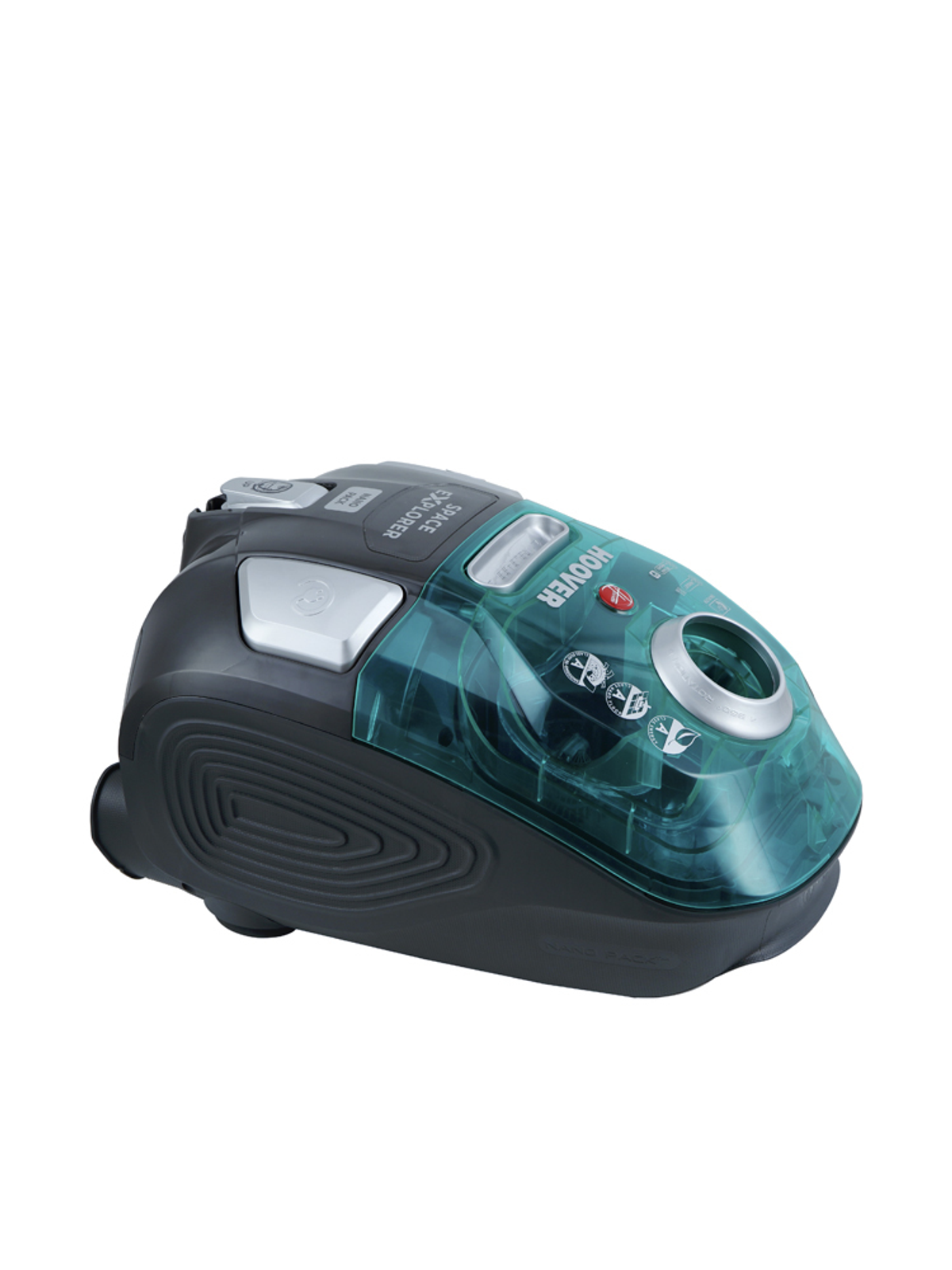 Een blauwe en zwarte Hoover stofzuiger, onder een hoek bekeken, tegen een witte achtergrond.