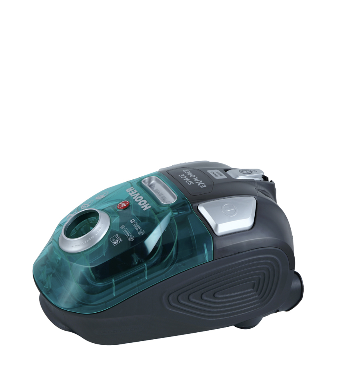 Hoover Space Explorer stofzuiger. Turquoise en grijs. Witte achtergrond.