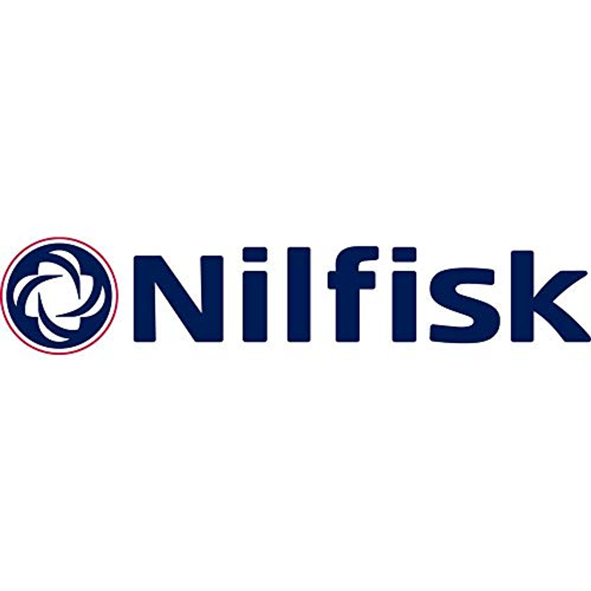 Logo Nilfisk ze stylizowanym niebiesko-białym wzorem i niebieskim tekstem.