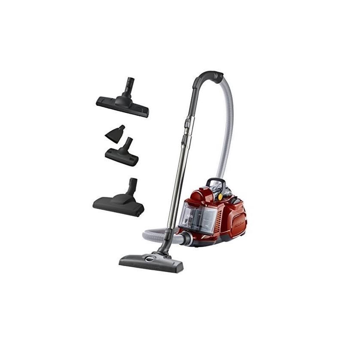 Czerwony odkurzacz z akcesoriami, na białym tle.