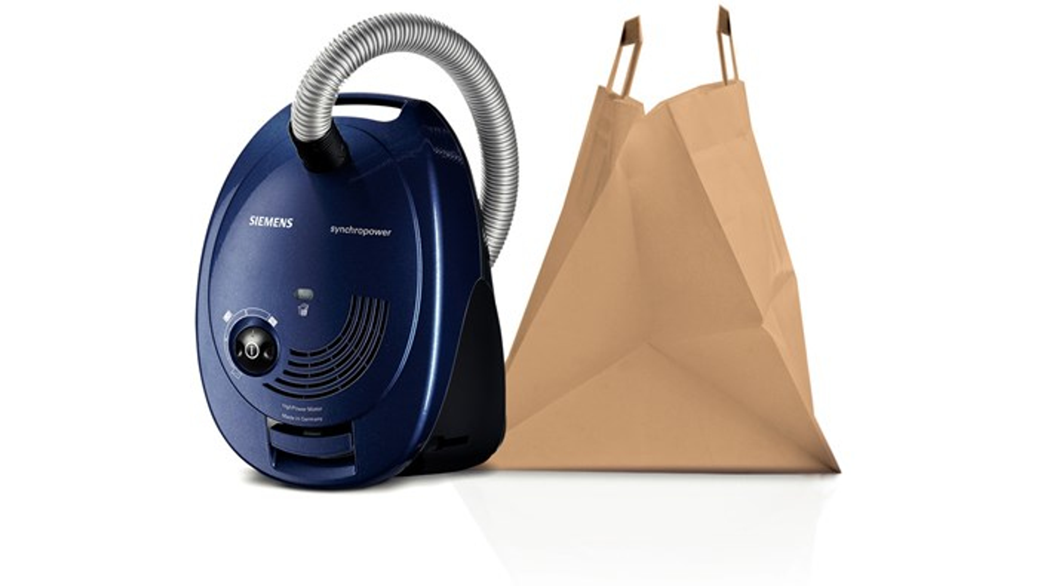 Mavi bir elektrikli süpürge ve bir kağıt torba. 'Siemens' markası elektrikli süpürgede görülebilir.