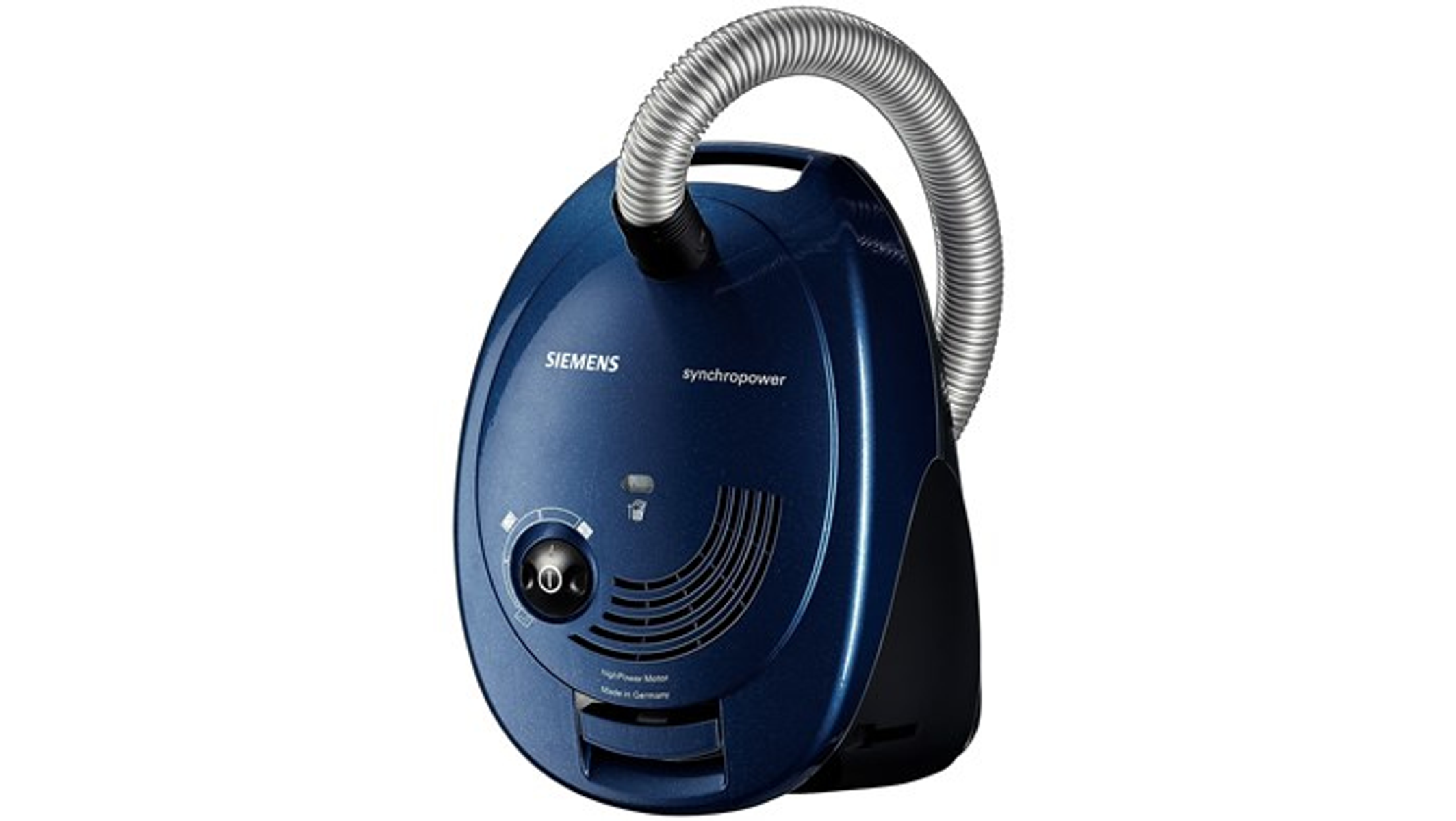 Mavi Siemens elektrikli süpürge. Bir tutamağı, bir kadranı ve üzerinde Siemens yazısı var.