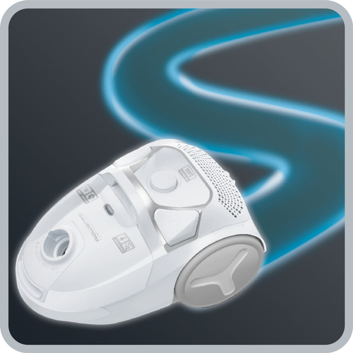 Biały odkurzacz z jasnoniebieskimi liniami śladu na niebieskim tle.