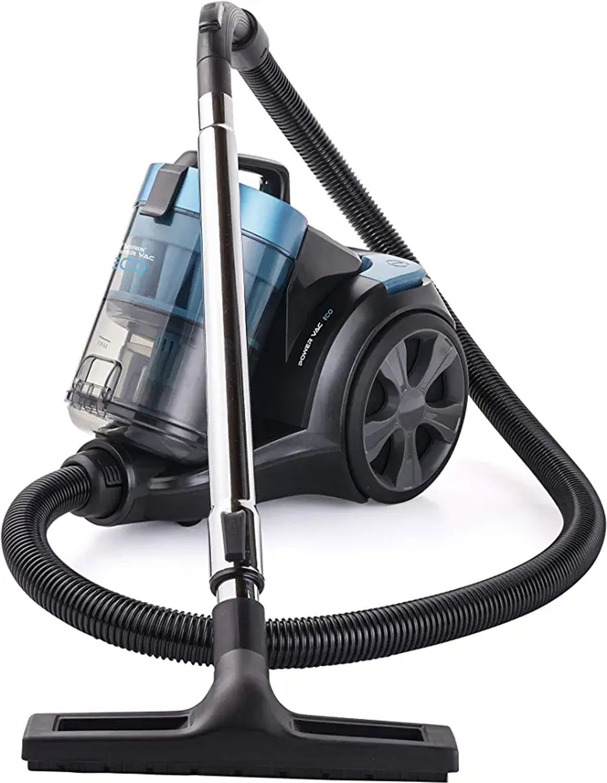 Czarno-niebieski odkurzacz z przezroczystym pojemnikiem na kurz. Białe tło.