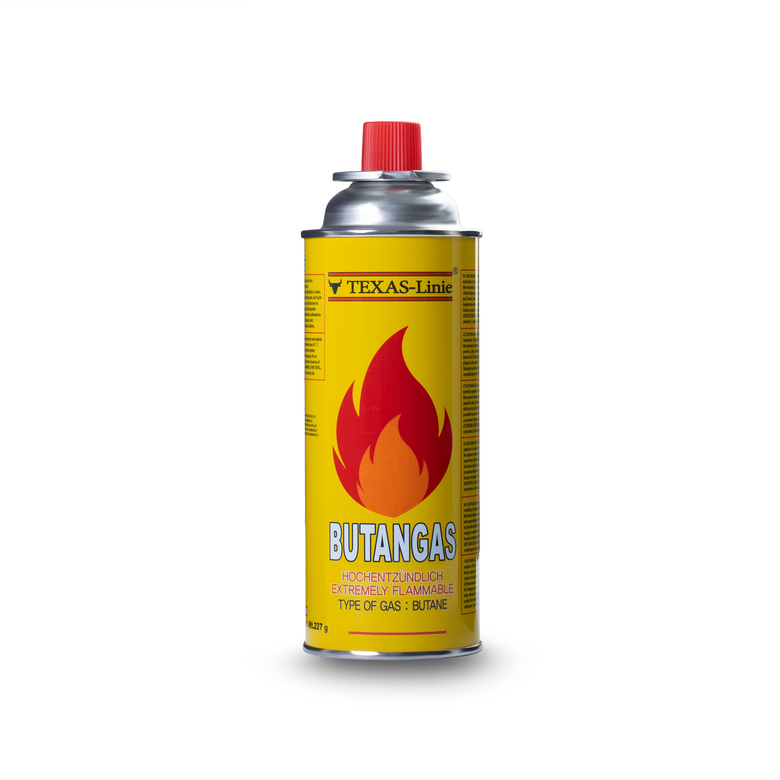 Gelbe Butangas-Kanister mit rotem Deckel und Flammengrafik auf Weiß.