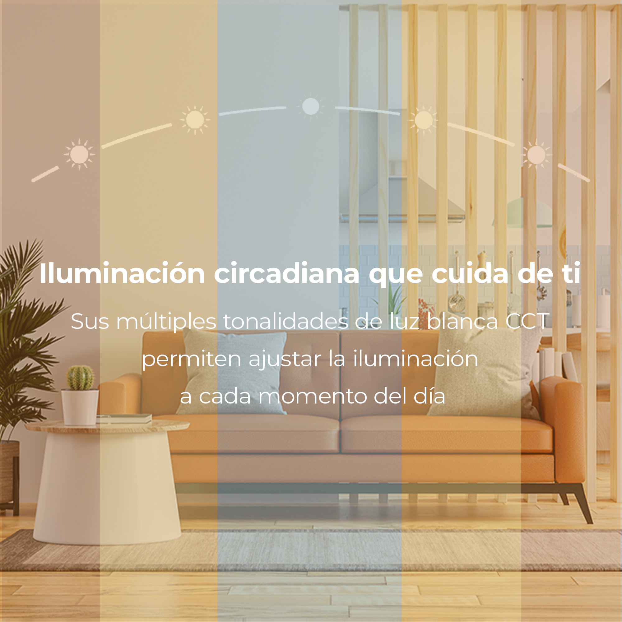 Scena d'interni con sfumature di colore che rappresentano diverse tonalità di luce.